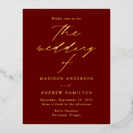 エレガンスモダンブルゴーニュと金ゴールド結婚ズ 箔招待状ポストカード