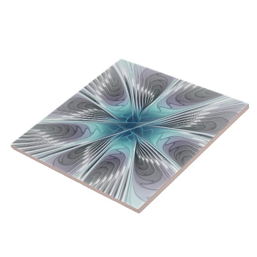 エレガンスモダンブルーグレーホワイトフラクタルアートフラワー タイル (側面)