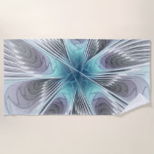 エレガンスモダンブルーグレーホワイトフラクタルアートフラワー ビーチタオル (正面)