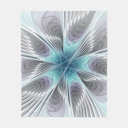 エレガンスモダンブルーグレーホワイトフラクタルアートフラワー フリースブランケット (正面)