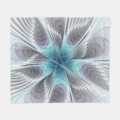 エレガンスモダンブルーグレーホワイトフラクタルアートフラワー フリースブランケット (正面(横))