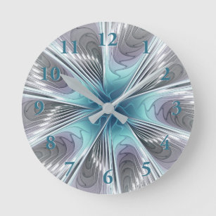 エレガンスモダンブルーグレーホワイトフラクタルアートフラワー ラウンド壁時計