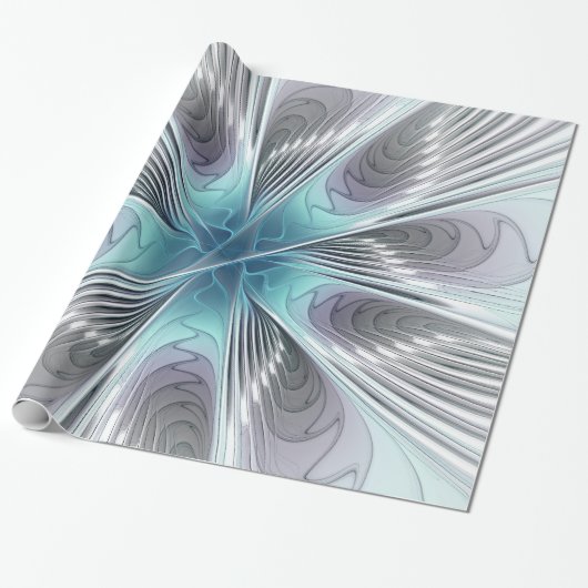 エレガンスモダンブルーグレーホワイトフラクタルアートフラワー ラッピングペーパー (アンロールド)