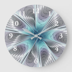 エレガンスモダンブルーグレーホワイトフラクタルアートフラワー ラージ壁時計