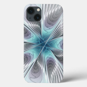 エレガンスモダンブルーグレーホワイトフラクタルアートフラワー iPhone 13ケース
