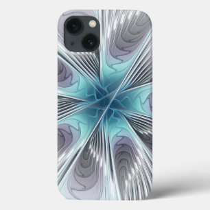 エレガンスモダンブルーグレーホワイトフラクタルアートフラワー iPhone 13ケース