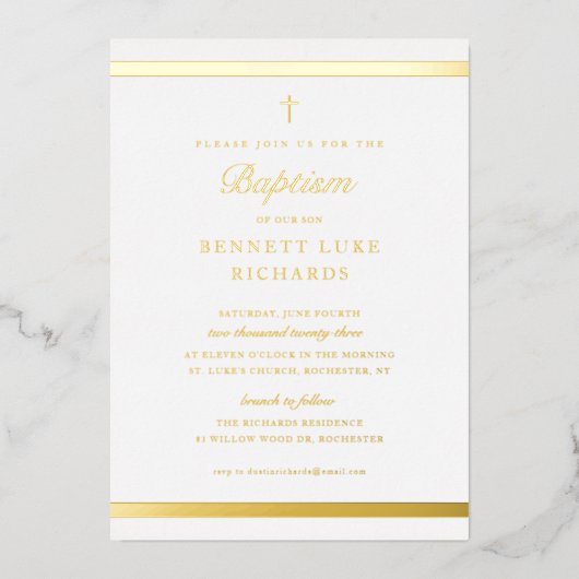 エレガンスモダンボーイズバプテスマ金ゴールド 箔招待状 (正面)