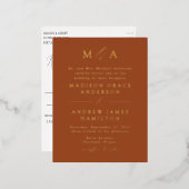 エレガンスモダンモノグラムテラコッタアンド金ゴールド 箔招待状ポストカード (正面/裏面)
