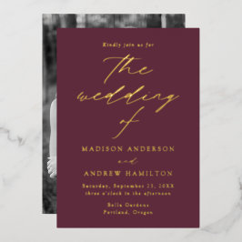 エレガンスモダンワインと金ゴールドフォト結婚ズ 箔招待状