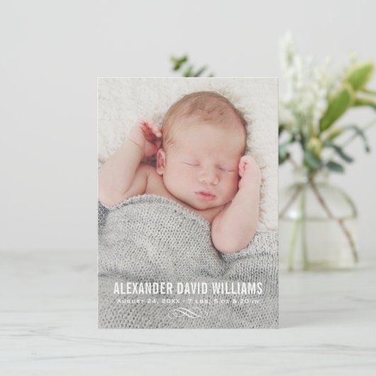 エレガンスモダン男の赤ちゃんフォト誕生 案内状 (スタンド正面)