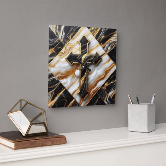 エレガンスモノクロセラミックパターン金箔Touch スクエア壁時計 (オフィス)