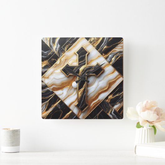 エレガンスモノクロセラミックパターン金箔Touch スクエア壁時計 (ホーム)