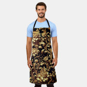 エレガンス再定義：黒と金ゴールドの花 エプロン (着用した状態)