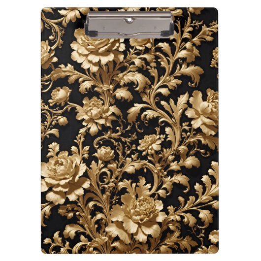エレガンス再考:ブラックと金ゴールドフローラ クリップボード (正面)