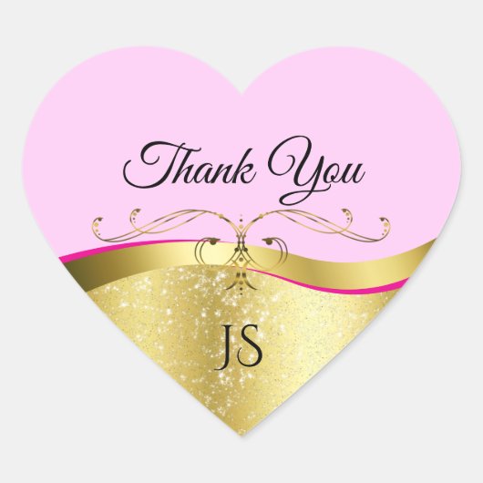 エレガンス波状金ゴールドデコーオンライトピンクありがとう ハートシール (正面)