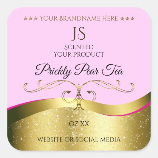 エレガンス波状金ゴールドデコーライトピンクモノグラムラベル スクエアシール (正面)