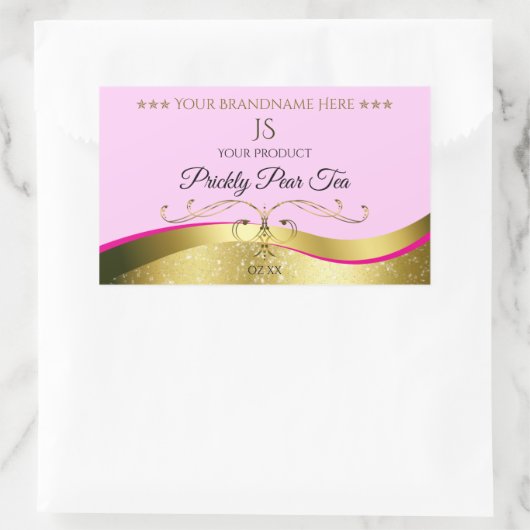 エレガンス波状金ゴールドデコーライトピンクモノグラムラベル 長方形シール (バッグ)