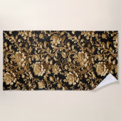 エレガンス発表:ブラックと金ゴールドフローラ ビーチタオル (正面)