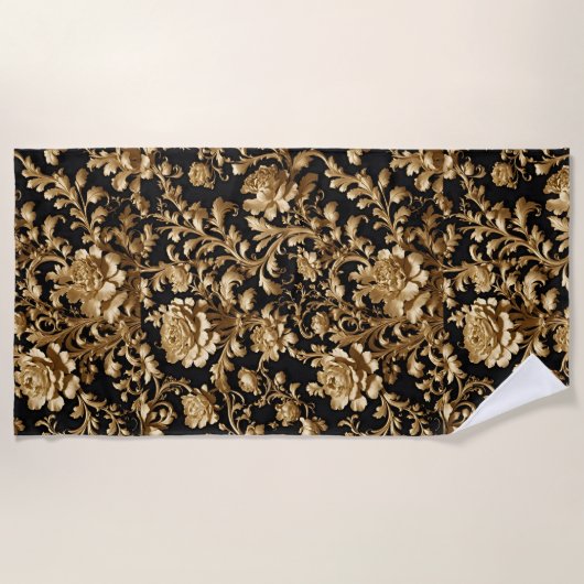エレガンス発表:ブラックと金ゴールドフローラ ビーチタオル (正面)