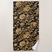 エレガンス発表:ブラックと金ゴールドフローラ ビーチタオル (正面)