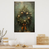 エレガンス素朴グリーンと金ゴールドクリスマスリース ポスター (キッチン)