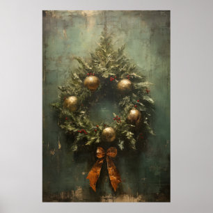エレガンス素朴グリーンと金ゴールドクリスマスリース ポスター