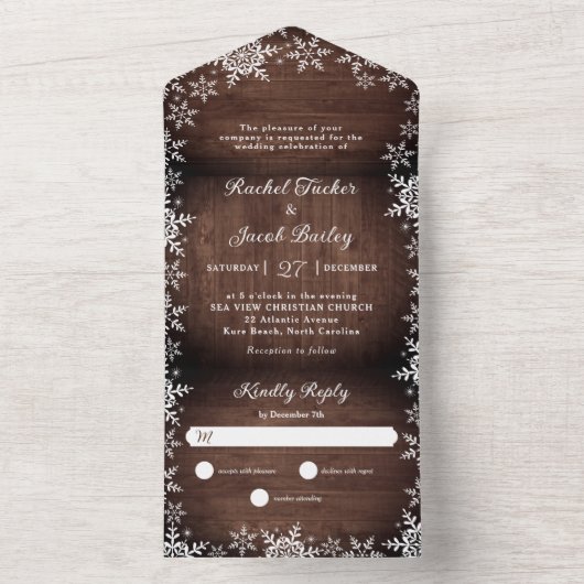 エレガンス素朴スノーフレークスウッドクリスマ結婚ス オールインワン招待状 (内側)