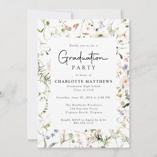 エレガンス素朴ワイルドフラワーフレーム卒業パーティー 招待状 (正面)