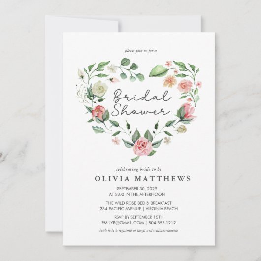 エレガンス素朴赤面フローラブライダルシャワー 招待状 (正面)
