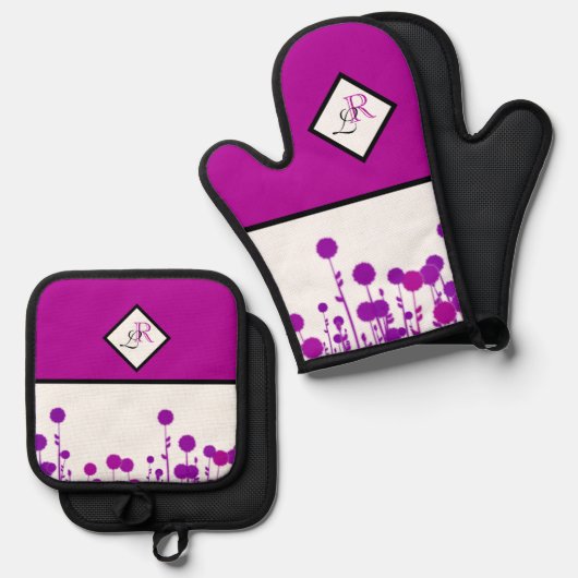 エレガンス開花パーソナライズされた:モノグラム 鍋つかみ&鍋敷きセット (正面/裏面)