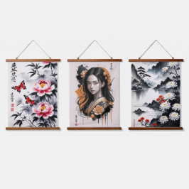 エレガンス開花:フローラとポートレート調和 吊り下げ型タペストリー