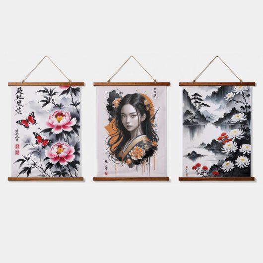 エレガンス開花:フローラとポートレート調和 吊り下げ型タペストリー (トリプル)