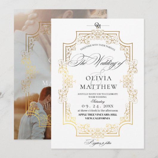 エレガンス ゴールド & ホワイト フォト ウェディング 招待状 (正面/裏面)