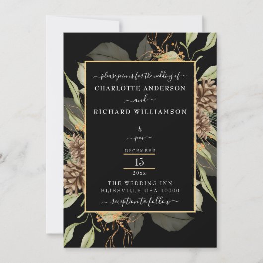 エレガンス、素朴ピネコーンフレーム（黒） 招待状 (正面)