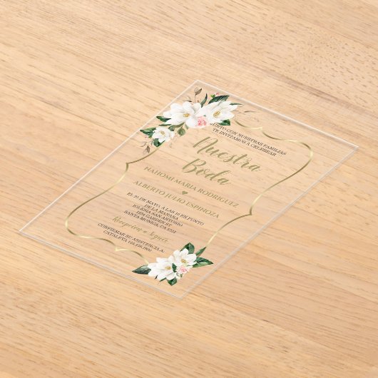 エレガンテマグノリアスペインの金ゴールドヌエストラボーダ アクリル招待状 (レイダウン)