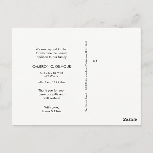「エレガントありがとう」ベビーパーソナライズされた誕生Announ ポストカード (裏面)