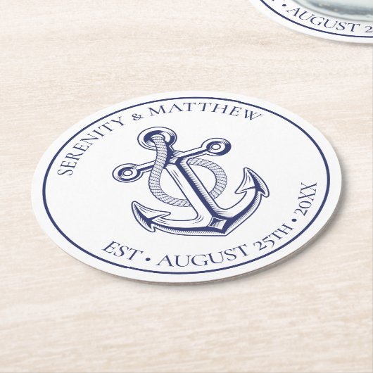 エレガントいかりセーラーネイビー航海のブ結婚ルー ラウンドペーパーコースター (アングル)