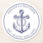 エレガントいかりセーラーネイビー航海のブ結婚ルー ラウンドペーパーコースター (正面)