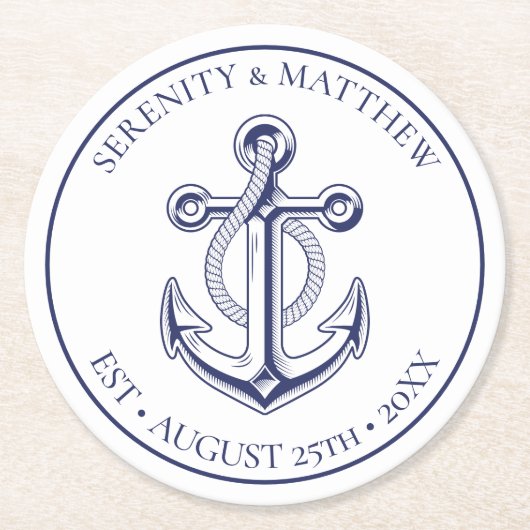 エレガントいかりセーラーネイビー航海のブ結婚ルー ラウンドペーパーコースター (正面)