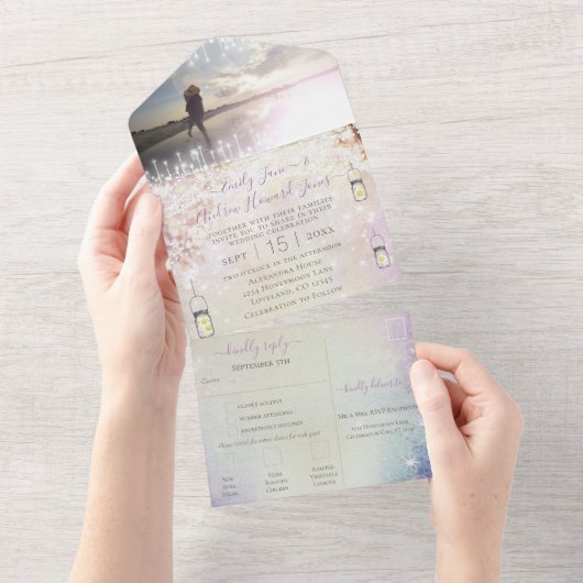 エレガントおとぎ話の森のリース写真結婚の全て オールインワン招待状 (貼ってはがせる)