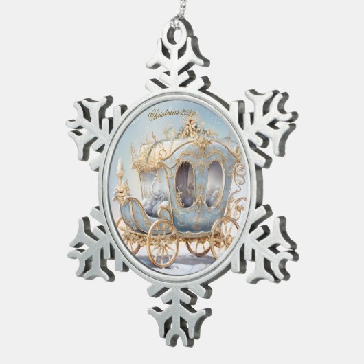 エレガントおとぎ話の青と金ゴールドクリスマスコーチ スノーフレークピューターオーナメント (右)
