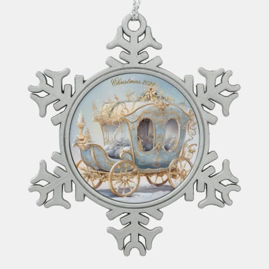 エレガントおとぎ話の青と金ゴールドクリスマスコーチ スノーフレークピューターオーナメント (正面)