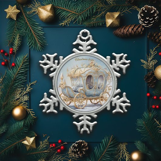 エレガントおとぎ話の青と金ゴールドクリスマスコーチ スノーフレークピューターオーナメント