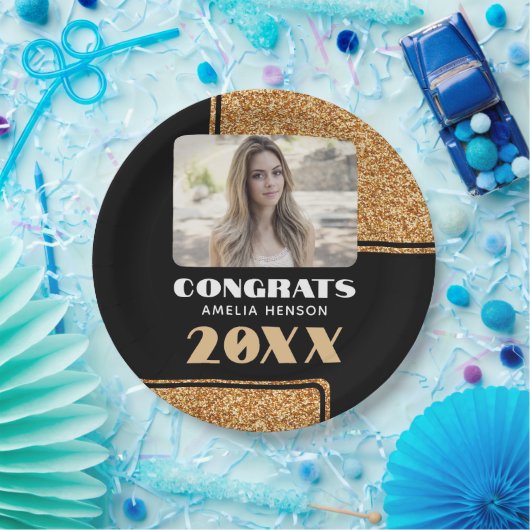 エレガントおめでとう院生金ゴールドグリッター写真 ペーパープレート (パーティー)