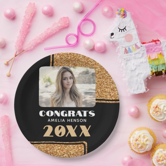 エレガントおめでとう院生金ゴールドグリッター写真 ペーパープレート (パーティー)