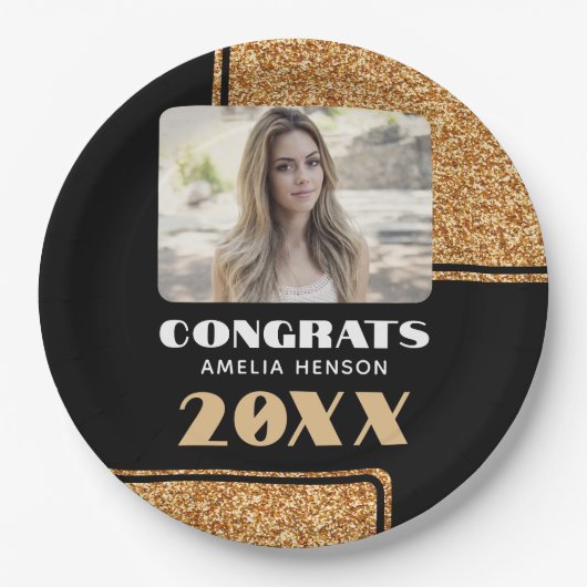 エレガントおめでとう院生金ゴールドグリッター写真 ペーパープレート (正面)