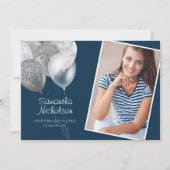 エレガントおもしろいネイビーブルーシルバーグリッターカレッジトランク 招待状 (正面)