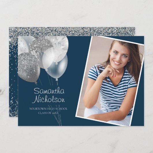 エレガントおもしろいネイビーブルーシルバーグリッターカレッジトランク 招待状 (正面/裏面)