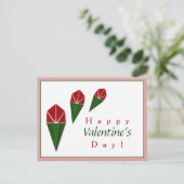 エレガントかわいいピンク緑と赤いバラのバレンタイン シーズンポストカード (スタンド正面)