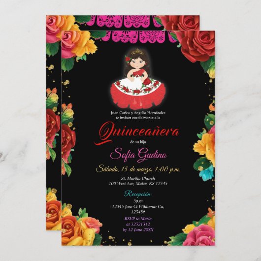 エレガントかわいい女の子のカラフル花キンセアニラ 招待状 (正面/裏面)